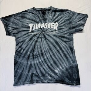 Thrasher Skateboard Magazine T Shirt Mens Large Gray Black Swirl Tie Dye Graphic